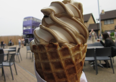 Butterbeer ice cream in a waffle cone